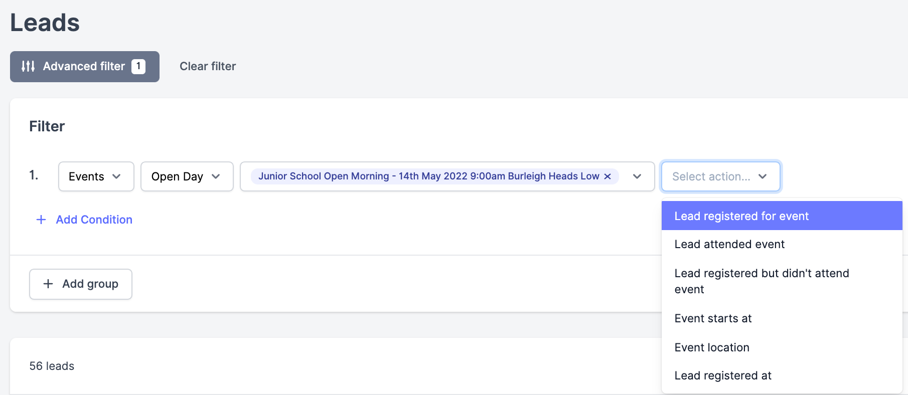 How do I filter leads by event information?